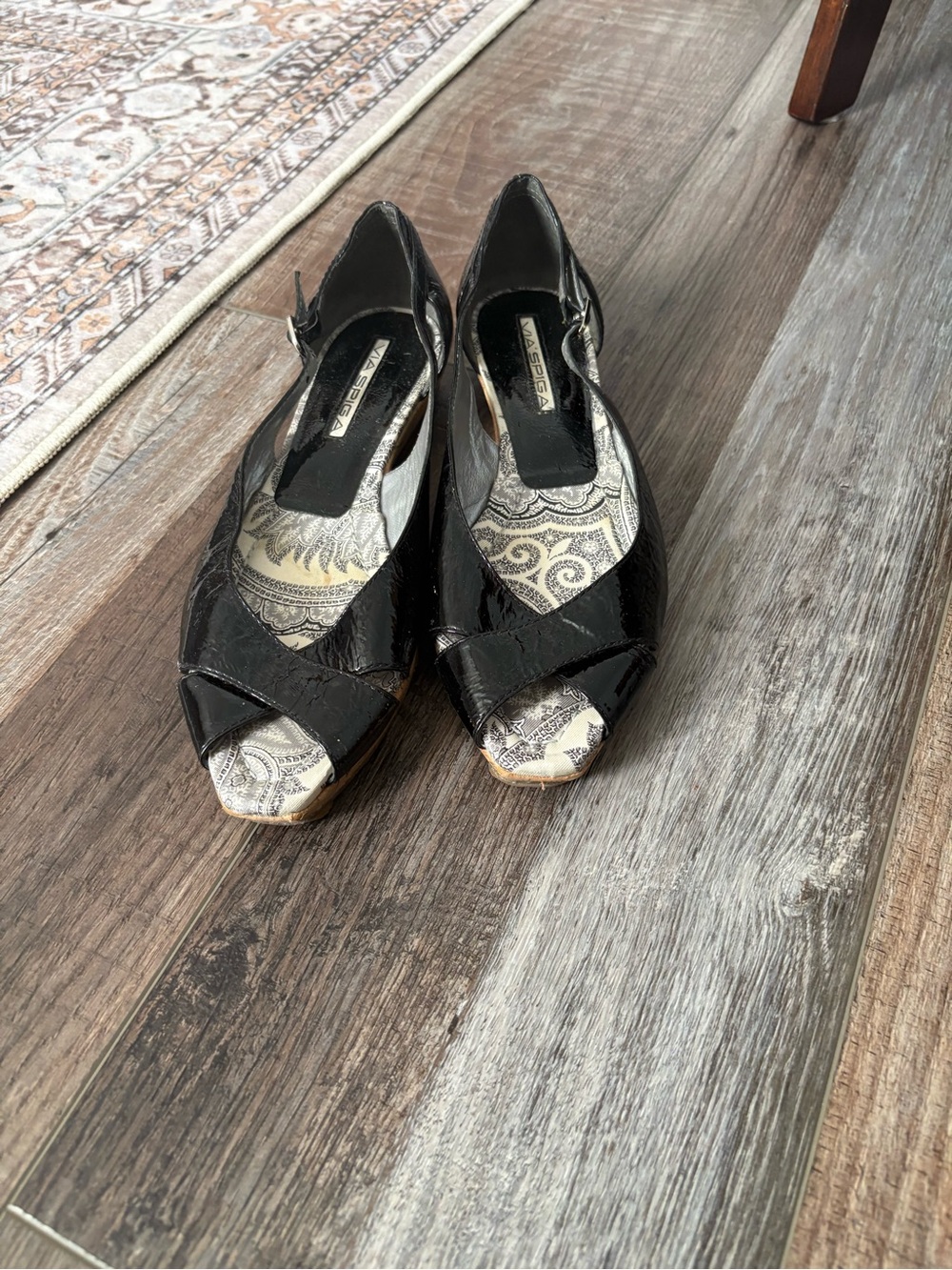 Via Spiga Black Patent Peep-Toe Slingback Sandals